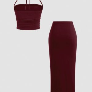 Sweetra Ensemble top court sans bretelles fendu et noué sexy et jupe, printemps/été pour femmes