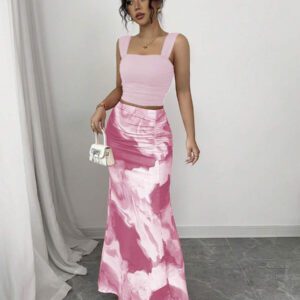 Elenzga 2 pièces Ensemble débardeur à encolure dégagée avec plis et jupe évasée, imprimé tie-dye romantique