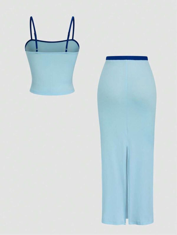 INAWLY 2 pièces/Set Top de Cami avec Bordure Contrastée et Jupe avec Cordon de Serrage à la Taille, Ensemble Rose – Image 3