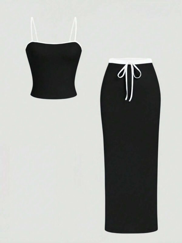 INAWLY 2 pièces/Set Top de Cami avec Bordure Contrastée et Jupe avec Cordon de Serrage à la Taille, Ensemble Rose – Image 14