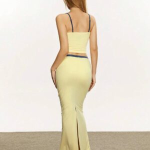INAWLY 2 pièces/Set Top de Cami avec Bordure Contrastée et Jupe avec Cordon de Serrage à la Taille, Ensemble Rose