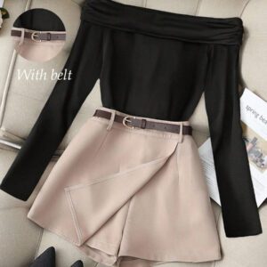 Franclia Top à manches longues à volants noir casual chic polyvalent à une épaule, assorti à un short/jupe kaki avec ceinture. Ensemble 2 pièces pour femmes pour le printemps et l'automne