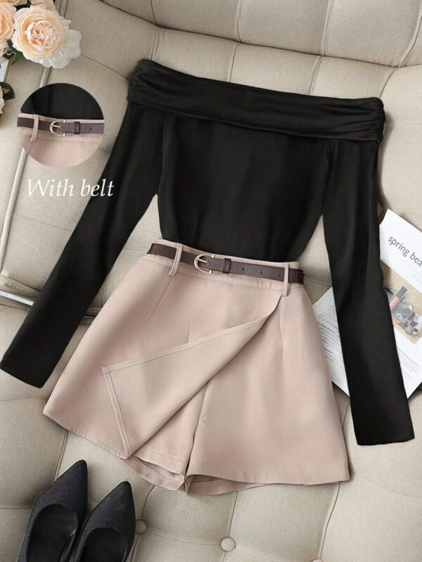 Franclia Top à manches longues à volants noir casual chic polyvalent à une épaule, assorti à un short/jupe kaki avec ceinture. Ensemble 2 pièces pour femmes pour le printemps et l'automne – Image 2