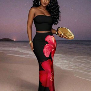 Slaydiva 2 pièces Ensemble femme, imprimé floral simple sans bretelles, pour l'été. Convient pour les vacances, les fêtes et la campagne