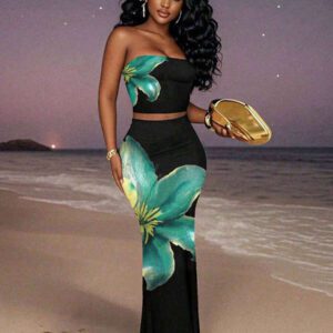 Slaydiva 2 pièces Ensemble femme, imprimé floral simple sans bretelles, pour l'été. Convient pour les vacances, les fêtes et la campagne