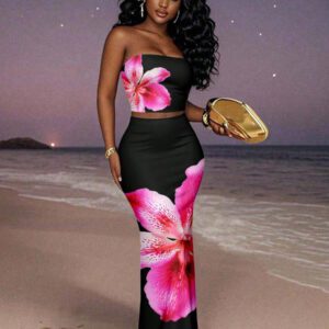 Slaydiva 2 pièces Ensemble femme, imprimé floral simple sans bretelles, pour l'été. Convient pour les vacances, les fêtes et la campagne