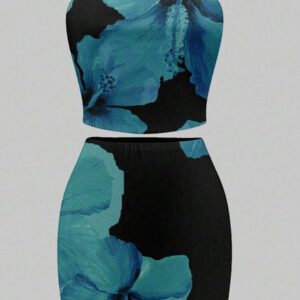 Slaydiva 2 pièces Ensemble femme, imprimé floral simple sans bretelles, pour l'été. Convient pour les vacances, les fêtes et la campagne