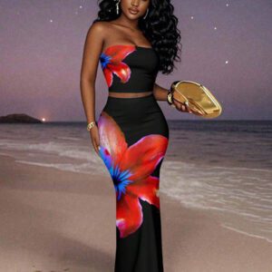 Slaydiva 2 pièces Ensemble femme, imprimé floral simple sans bretelles, pour l'été. Convient pour les vacances, les fêtes et la campagne