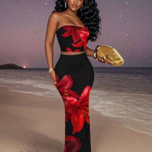 Slaydiva 2 pièces Ensemble femme, imprimé floral simple sans bretelles, pour l'été. Convient pour les vacances, les fêtes et la campagne