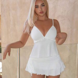Sweetina Ensemble 2 pièces jupe plissée gâteau sexy et douce avec cordon de serrage et camisole pour femmes