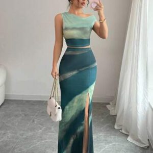 Chiquease Ensemble 2 pièces Top court asymétrique et mini-jupe moulante tie dye pour femme