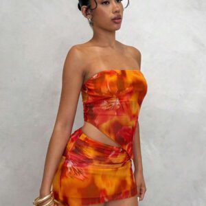 Glamine Crop top asymétrique sexy à imprimé floral + Mini jupe femme à imprimé floral, Ensemble sexy de 2 pièces pour femme en vacances