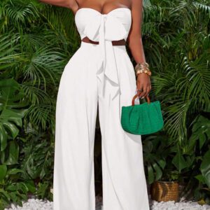 Slaydiva Top court à nouer devant rose rouge et pantalon large. Tenue de vacances pour femmes