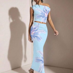Gooodcoin BAE Ensemble top ajusté à épaule asymétrique froncée et mini-jupe moulante à imprimé floral, adapté pour l'été