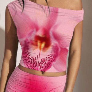 Gooodcoin BAE Ensemble top ajusté à épaule asymétrique froncée et mini-jupe moulante à imprimé floral, adapté pour l'été