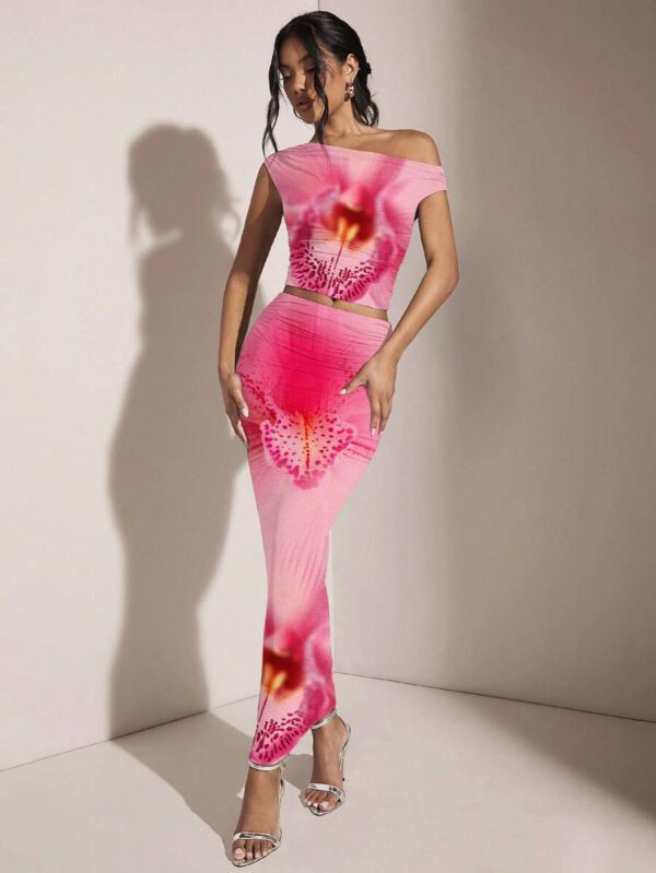 Gooodcoin BAE Ensemble top ajusté à épaule asymétrique froncée et mini-jupe moulante à imprimé floral, adapté pour l'été – Image 31