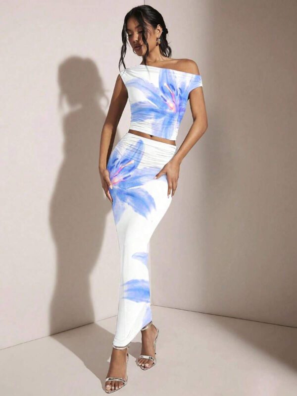 Gooodcoin BAE Ensemble top ajusté à épaule asymétrique froncée et mini-jupe moulante à imprimé floral, adapté pour l'été – Image 35