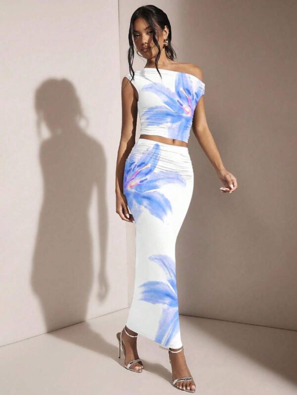 Gooodcoin BAE Ensemble top ajusté à épaule asymétrique froncée et mini-jupe moulante à imprimé floral, adapté pour l'été – Image 38