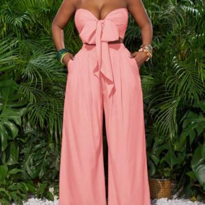 Slaydiva Top court à nouer devant rose rouge et pantalon large. Tenue de vacances pour femmes