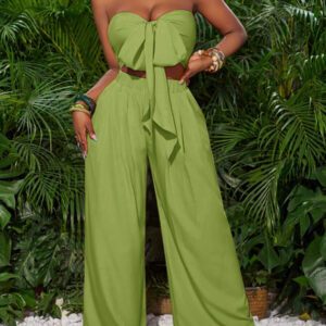 Slaydiva Top court à nouer devant rose rouge et pantalon large. Tenue de vacances pour femmes