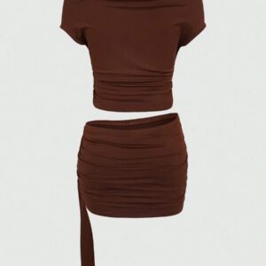 INAWLY Ensemble deux-pièces femme à la mode et sexy composé d'un top court froncé et d'une mini-jupe
