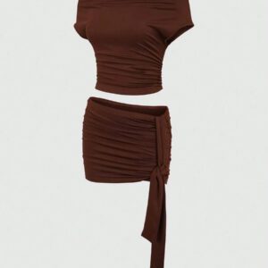 INAWLY Ensemble deux-pièces femme à la mode et sexy composé d'un top court froncé et d'une mini-jupe