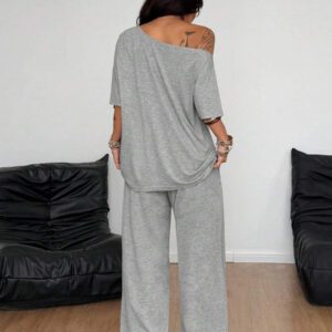 Coolane Tenue de 2 pièces pour femmes : T-shirt ample d'épaules dénudées et pantalon de jogging ample, style minimaliste streetwear, pour un port quotidien, pour sortir et pour le sport, confortable