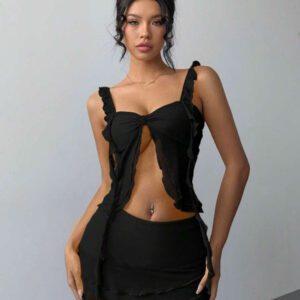 Aloruh 2 pièces Ensemble Top camisole et jupe de couleur unie pour femmes