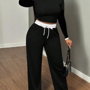 Gooodcoin SXY 2 pièces Ensemble Top à manches longues ajusté et pantalon avec garniture contrastée pour femmes, automne