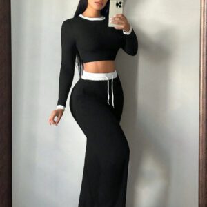 Gooodcoin SXY 2 pièces Ensemble Top à manches longues ajusté et pantalon avec garniture contrastée pour femmes, automne