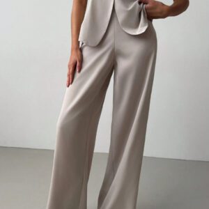 Aloruh 2 pièces Ensemble élégant pour le bureau et les déplacements, Top col V et pantalon long, couleur unie polyvalente avec décoration de bouton en métal, abricot