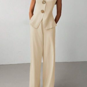 Aloruh 2 pièces Ensemble élégant pour le bureau et les déplacements, Top col V et pantalon long, couleur unie polyvalente avec décoration de bouton en métal, abricot