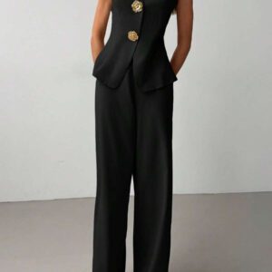 Aloruh 2 pièces Ensemble élégant pour le bureau et les déplacements, Top col V et pantalon long, couleur unie polyvalente avec décoration de bouton en métal, abricot