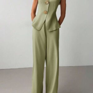 Aloruh 2 pièces Ensemble élégant pour le bureau et les déplacements, Top col V et pantalon long, couleur unie polyvalente avec décoration de bouton en métal, abricot
