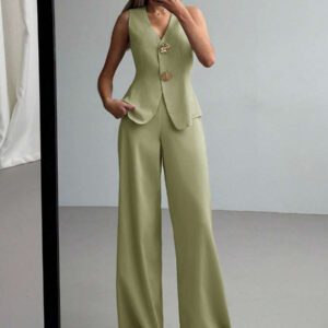 Aloruh 2 pièces Ensemble élégant pour le bureau et les déplacements, Top col V et pantalon long, couleur unie polyvalente avec décoration de bouton en métal, abricot