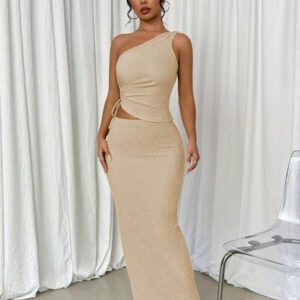 Elenzga Femme Ensemble 2 pièces : Top sans manches à une épaule avec détail de cordon et jupe longue unie