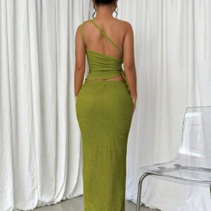 Elenzga Femme Ensemble 2 pièces : Top sans manches à une épaule avec détail de cordon et jupe longue unie