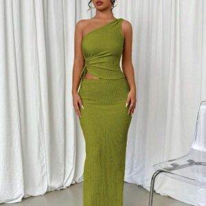 Elenzga Femme Ensemble 2 pièces : Top sans manches à une épaule avec détail de cordon et jupe longue unie