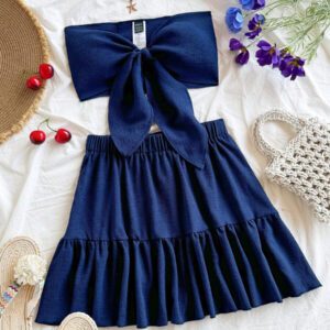 Soleia 2 pièces/Set Top Bandeau de Couleur Unie et Mini-Jupe pour Femmes