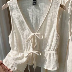 Comfortcana Nouveau ensemble deux-pièces, texture tricotée, nœud papillon à l'avant, tissu confortable, convient pour les tenues de vacances à la plage ou sur une île