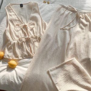 Comfortcana Nouveau ensemble deux-pièces, texture tricotée, nœud papillon à l'avant, tissu confortable, convient pour les tenues de vacances à la plage ou sur une île