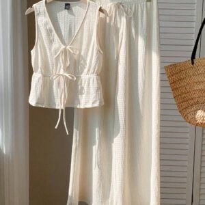 Comfortcana Nouveau ensemble deux-pièces, texture tricotée, nœud papillon à l'avant, tissu confortable, convient pour les tenues de vacances à la plage ou sur une île