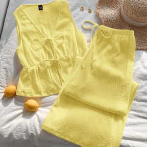 Comfortcana Nouveau ensemble deux-pièces, texture tricotée, nœud papillon à l'avant, tissu confortable, convient pour les tenues de vacances à la plage ou sur une île