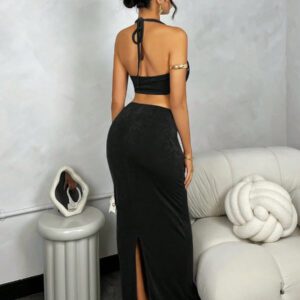 Gooodcoin BAE 1 set Débardeur femme à col drapé profond avec dos nu + Jupe mini taille basse ajustée