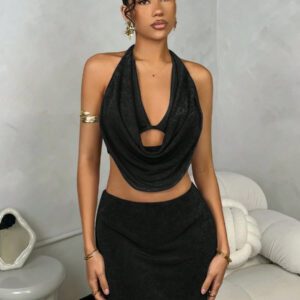 Gooodcoin BAE 1 set Débardeur femme à col drapé profond avec dos nu + Jupe mini taille basse ajustée