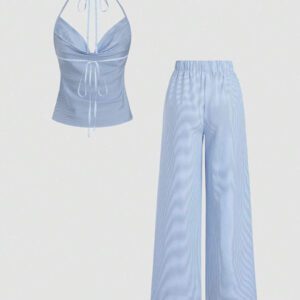 Sweetra Ensemble 2 pièces femme : nouveau Top débardeur sexy sans bretelle et sans dos, avec encolure drapée et cordon de serrage, et pantalon large taille haute élastique