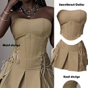 Slaydiva Nouveau style printemps et été 2025 Ensemble 2 pièces - Débardeur avec nœud devant et mini-jupe plissée. Style de base et polyvalent pour festivals de musique, Pâques, style nomade, fête d'anniversaire, remise de diplômes, tenue étudiante, sortie quotidienne, loisirs, vacances, croisière, plage, bord de mer, bronzage, internet, style de rue simple et décontracté, streetwear d'été