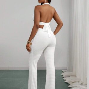Slaydiva Ensemble de robe pour mariage, anniversaire, remise de diplôme, étudiant, usage quotidien casual, polyvalente, vacances, croisière, plage, bronzage, populaire en ligne. Encolure à lacets, col en V profond, dos nu, pantalon évasé, tissu texturé, blanc, femme