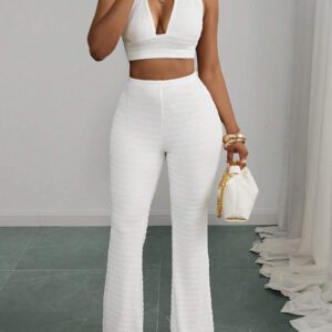 Slaydiva Ensemble de robe pour mariage, anniversaire, remise de diplôme, étudiant, usage quotidien casual, polyvalente, vacances, croisière, plage, bronzage, populaire en ligne. Encolure à lacets, col en V profond, dos nu, pantalon évasé, tissu texturé, blanc, femme