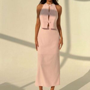 Aloruh Ensemble décontracté de 2 pièces : Débardeur avec décoration en nœud et évidements, et jupe mi-slip